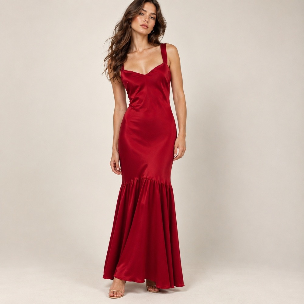 Spiegel Maxi Dress Women 6 Red Vintage 90s 100% Silk Mermaid Hem Formal Elegant